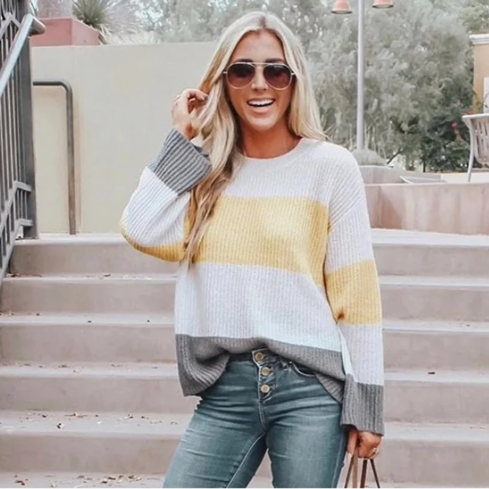 BP yellow grey broad striped slouchy pullover sweater - Picture 4 of 10